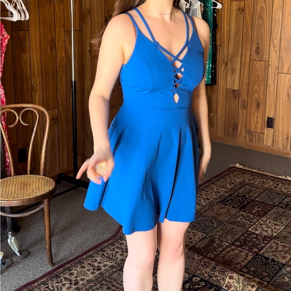 Royal Blue Cocktail Dress Plunging Neckline Fun Straps